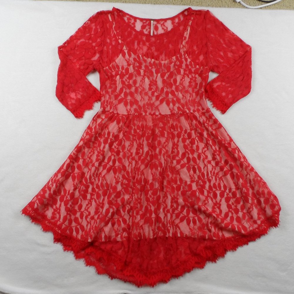 Free People Red Lace Mesh Mini Dress 3/4 Sleeve 12